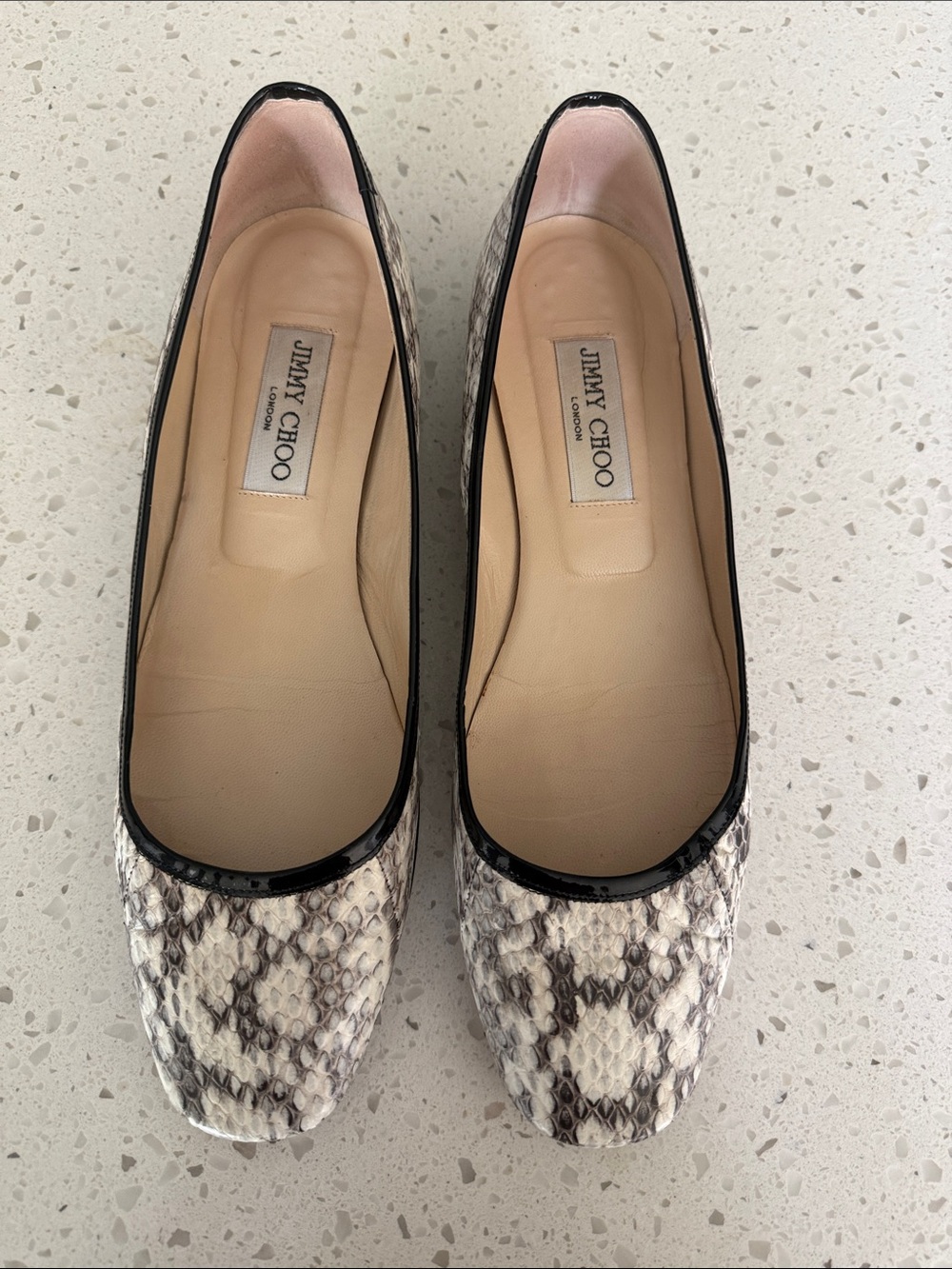 Jimmy Choo Cream and Black Snake-Print Ballet Flats
